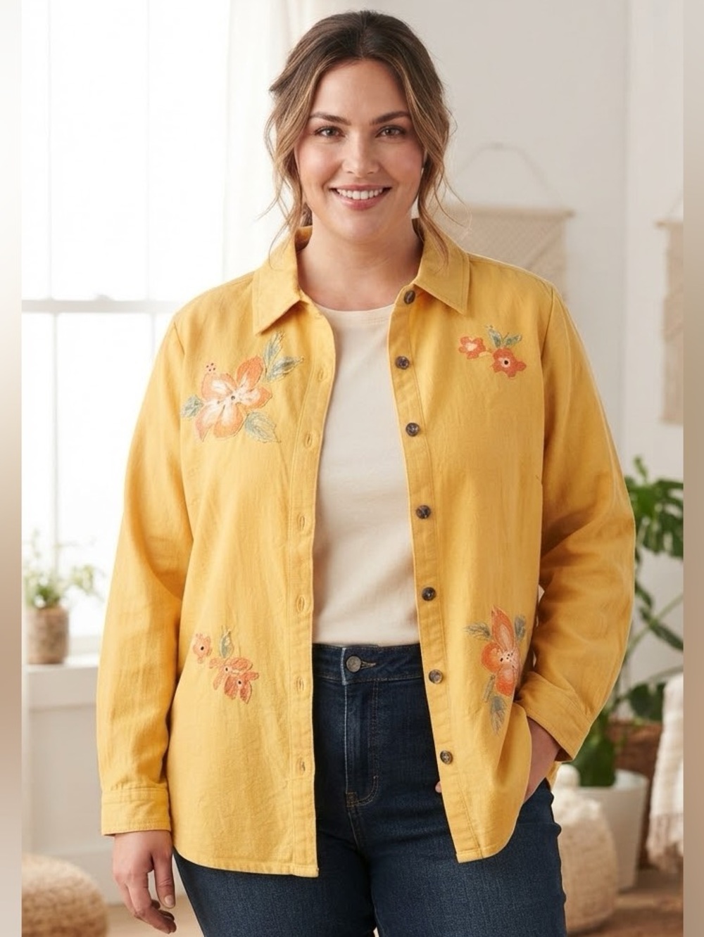 Units Woman Plus Size 2X Yellow Floral Applique Button Down Shirt Top Flaw